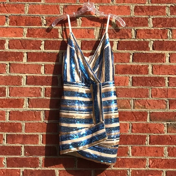 RYSE X Revolve Blue & Gold Sequin Wrap Mini Dress - Picture 3 of 16